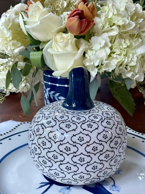 Small Blue & White Porcelain Pumpkin – 6.5-Inch