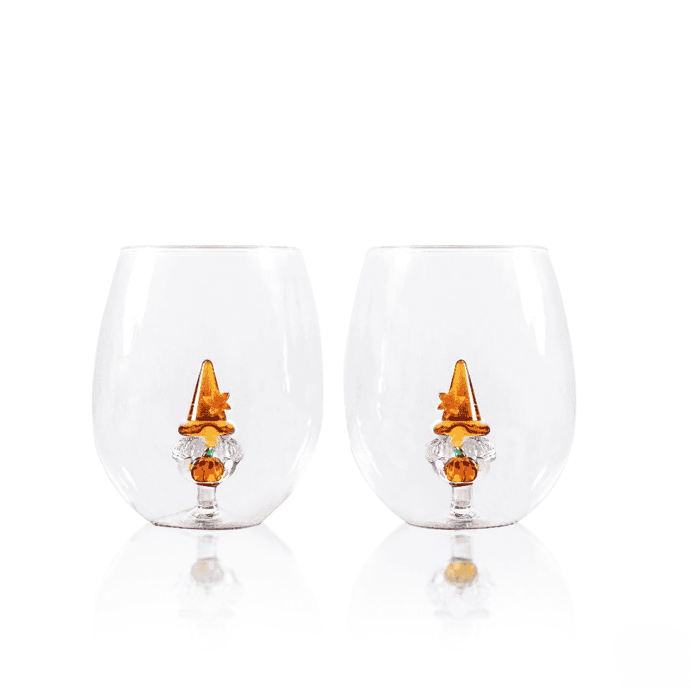 Hand-Blown 3D Pumpkin Gnome Stemless Wine Glasses – Set of 2