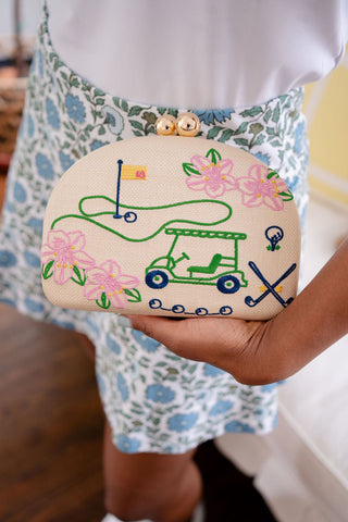 Golf Embroidered Raffia Clutch with Gold Chain
