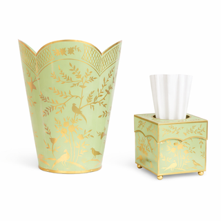 Spring Green & Gold Chinoiserie Wastepaper Basket & Tissue | Elegant Bath Décor