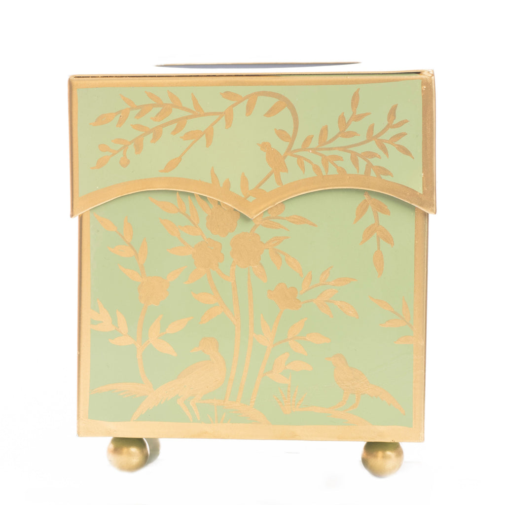 Spring Green & Gold Chinoiserie Wastepaper Basket & Tissue | Elegant Bath Décor