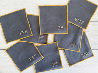 Elegant Grey Linen Cocktail Coasters with Yellow Edge – 8-Piece Bar Set