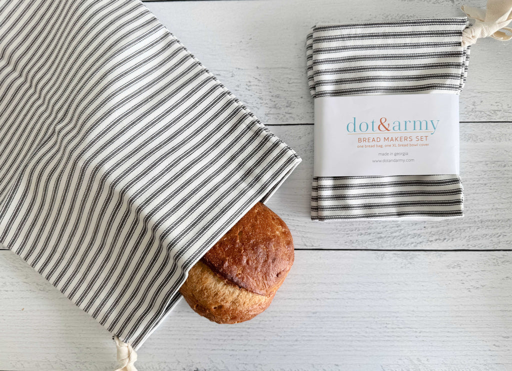 Elegant Grey Ticking Stripe Bread Bags – 2-Piece Cotton Storage Set