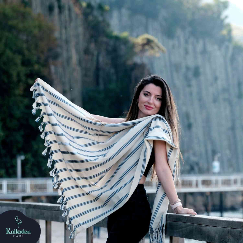 Dark Blue Striped Towel | Handwoven Cotton Beach Throw