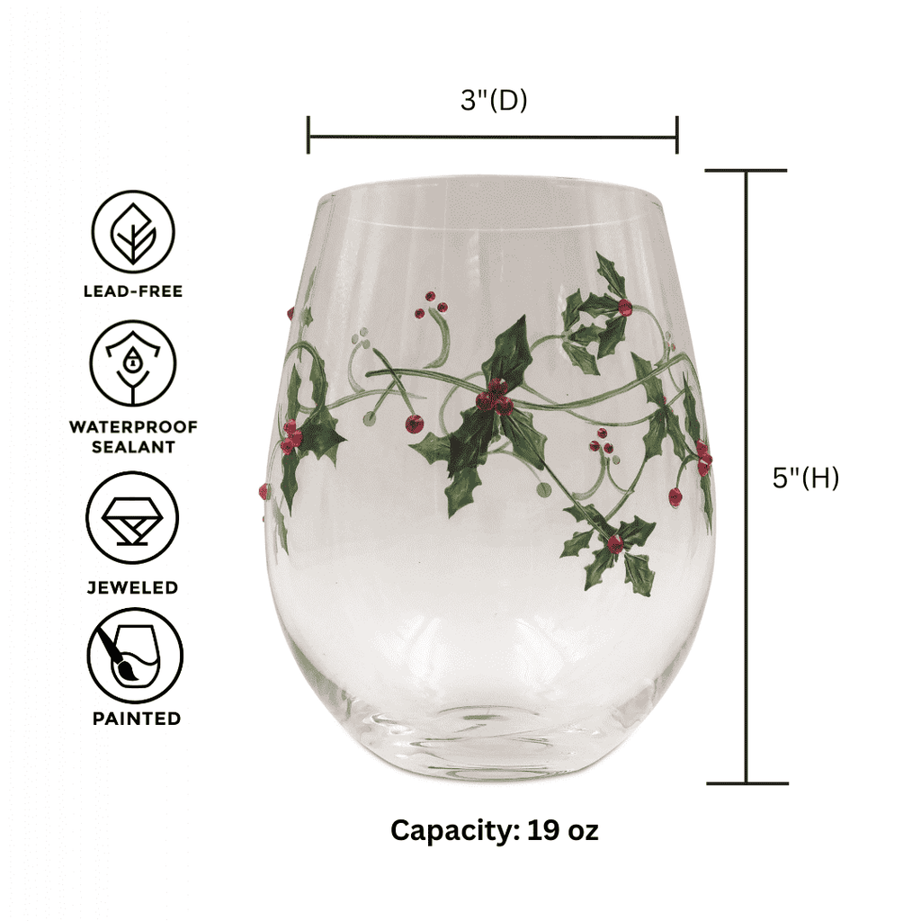 Hand-Painted Holly & Jeweled Berry Stemless Wine Glasses – Set of 2