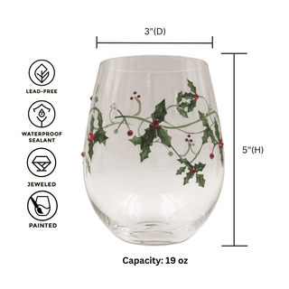Hand-Painted Holly & Jeweled Berry Stemless Wine Glasses – Set of 2