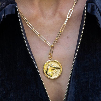 Horsehead Disc Charm Necklace - Paperclip Chain - 18k Gold Plated