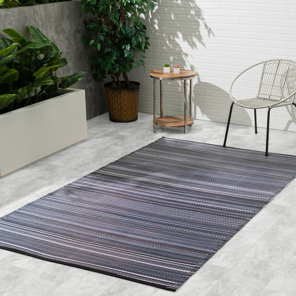 Cancun Midnight Striped Reversible Outdoor Patio Rug