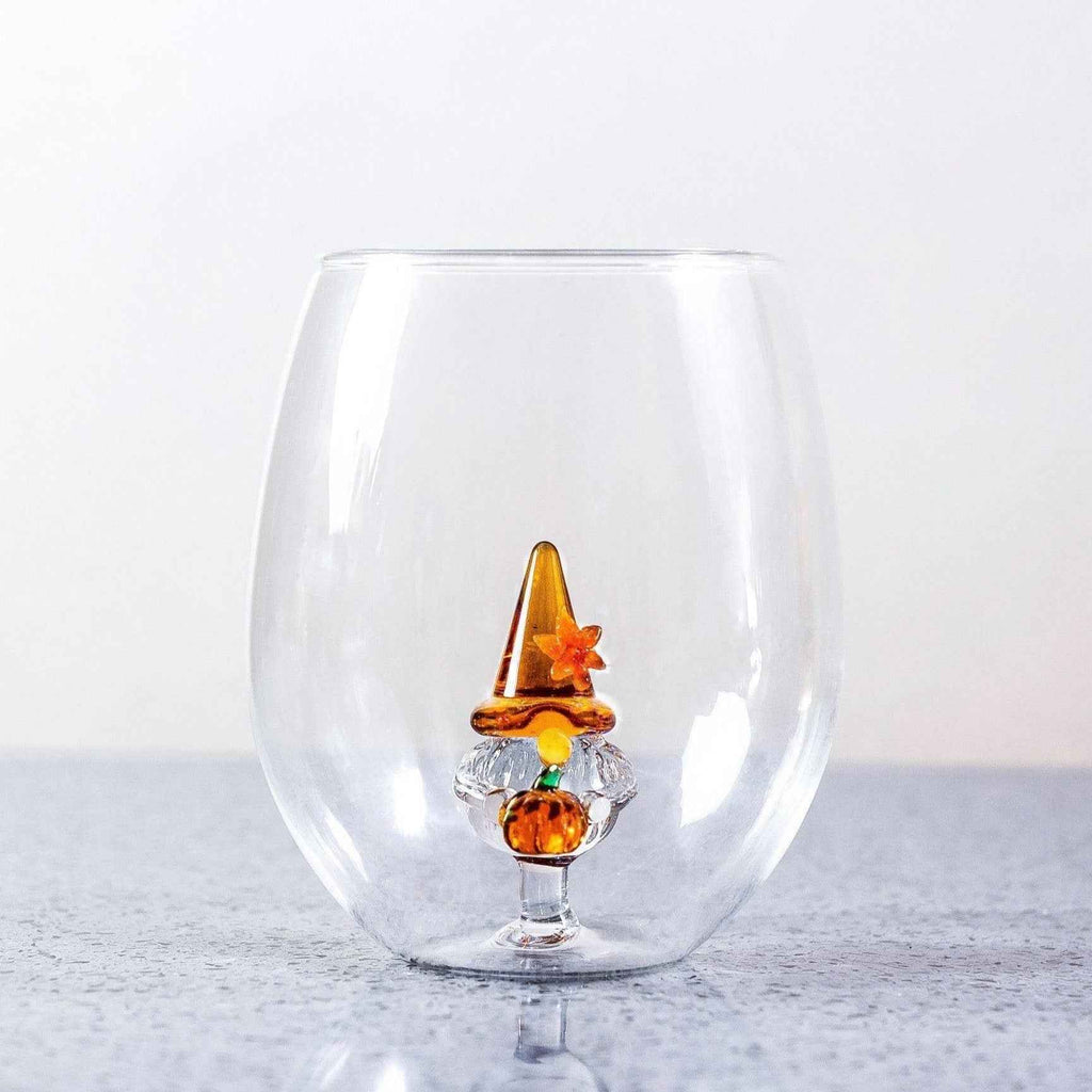 Hand-Blown 3D Pumpkin Gnome Stemless Wine Glasses – Set of 2