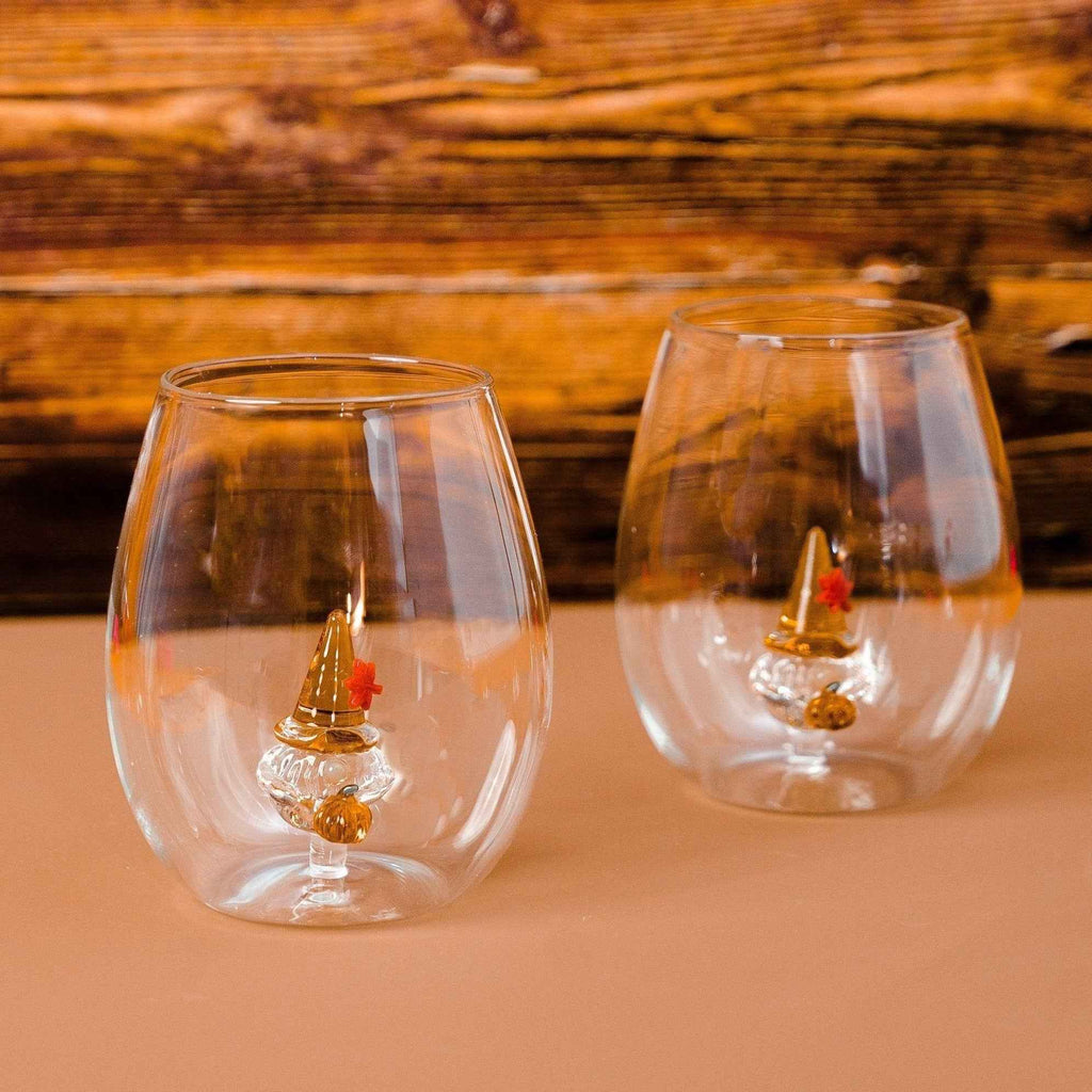 Hand-Blown 3D Pumpkin Gnome Stemless Wine Glasses – Set of 2