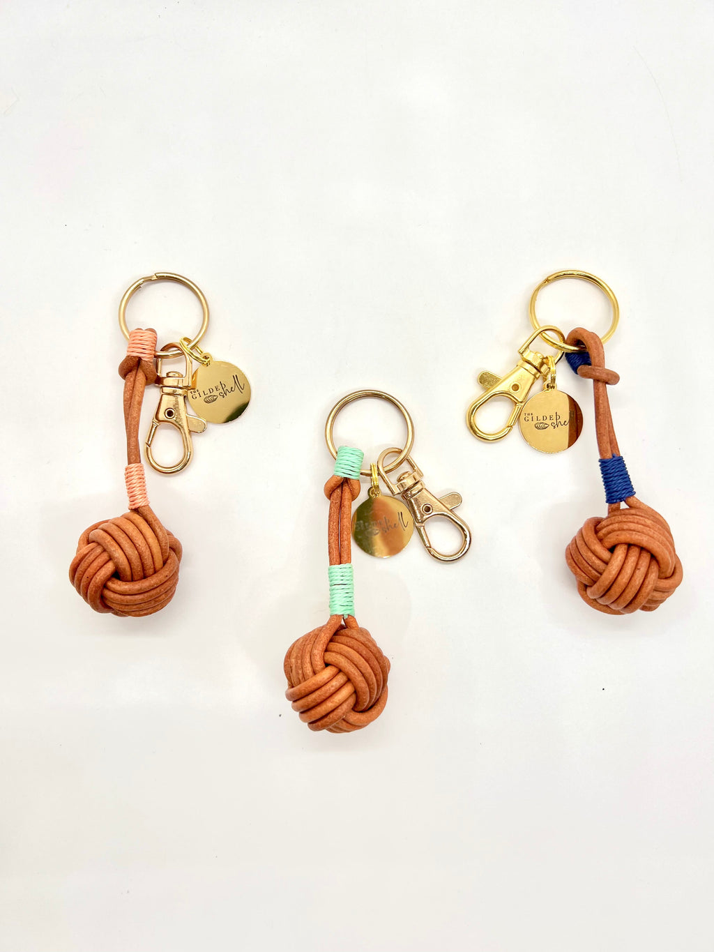 Cognac Leather Knot Keychain with Modern Accent Colors