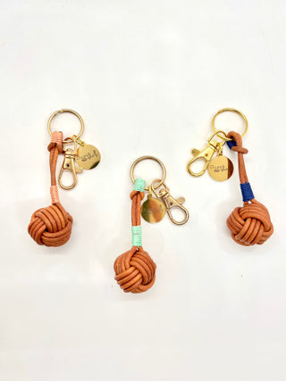 Cognac Leather Knot Keychain with Modern Accent Colors