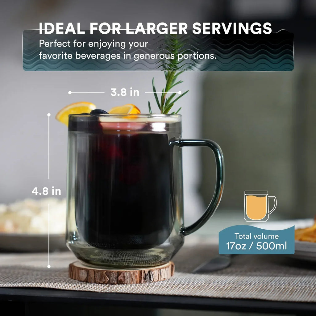 Double-Wall Glass Coffee Mugs with Handles – 17 oz, Set of 2