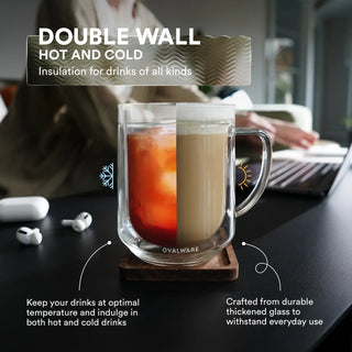 Double-Wall Glass Coffee Mugs with Handles – 17 oz, Set of 2