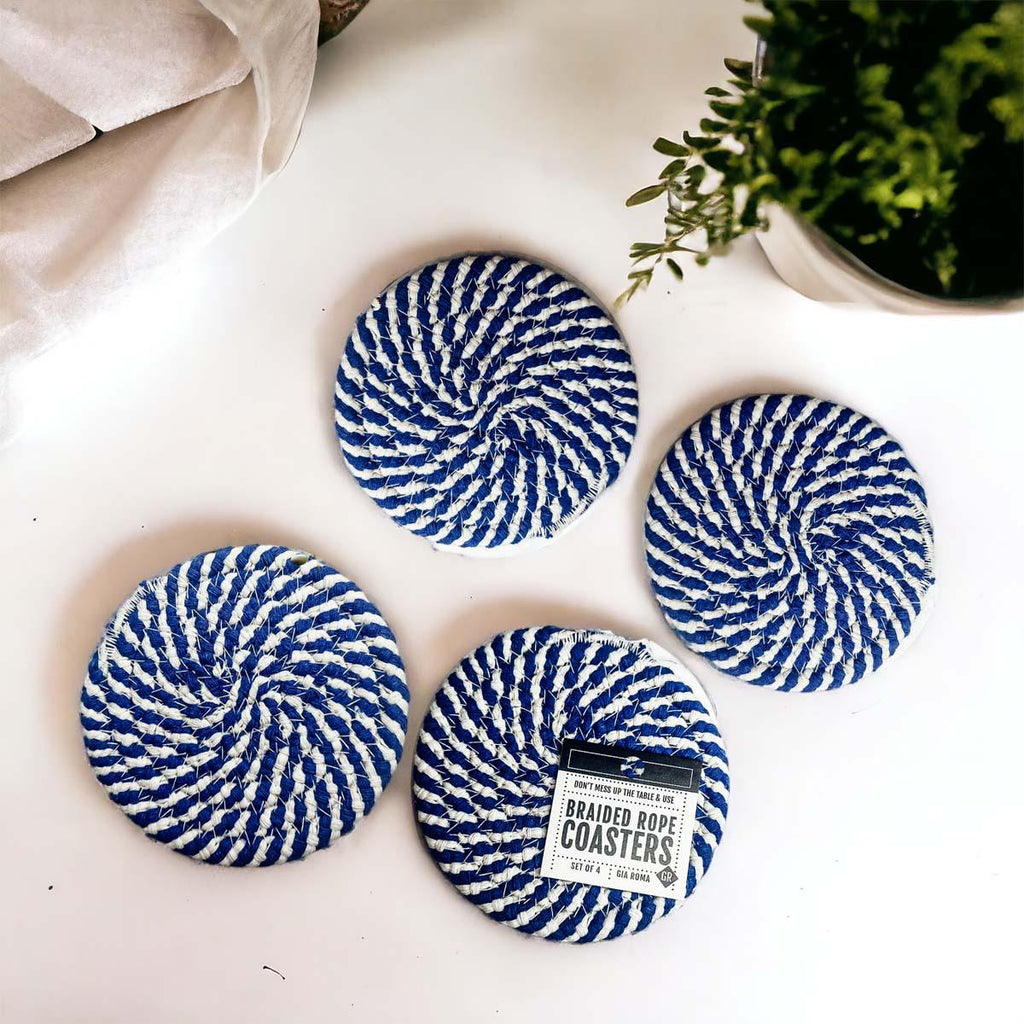 Blue & White Braided Rope Coasters – Coastal Cotton Drink Coasters (Set of 4)