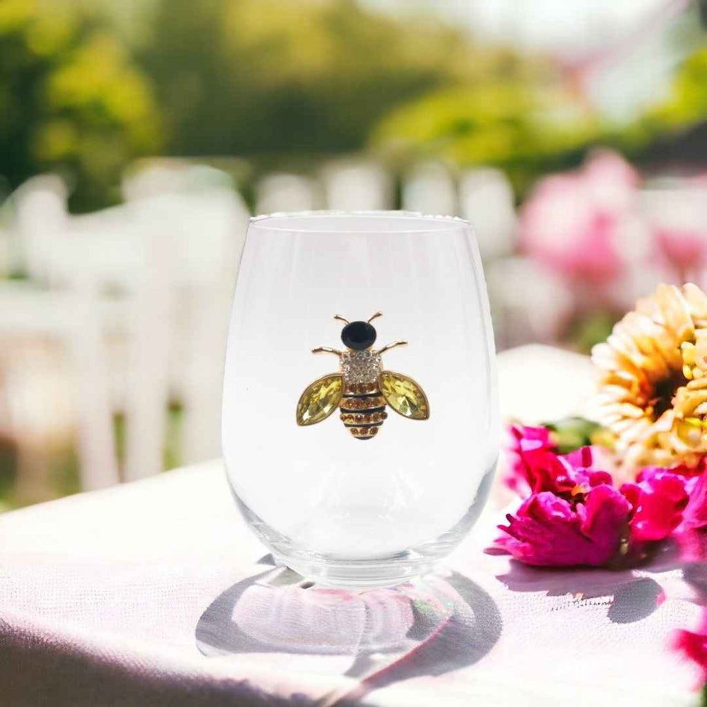 Jeweled Golden Bee Stemless Wine Glasses – Set of 2