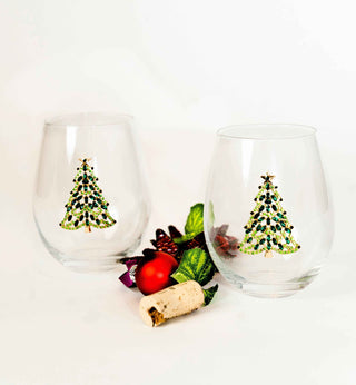 Jeweled Christmas Tree Stemless Wine Glasses – Set of 2