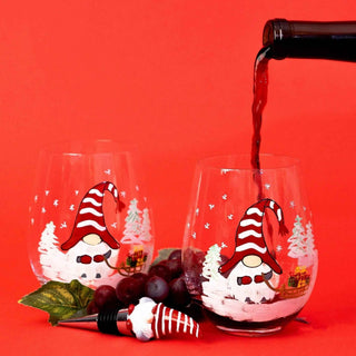 Hand-Painted Christmas Gnome Stemless Wine Glasses – Set of 2