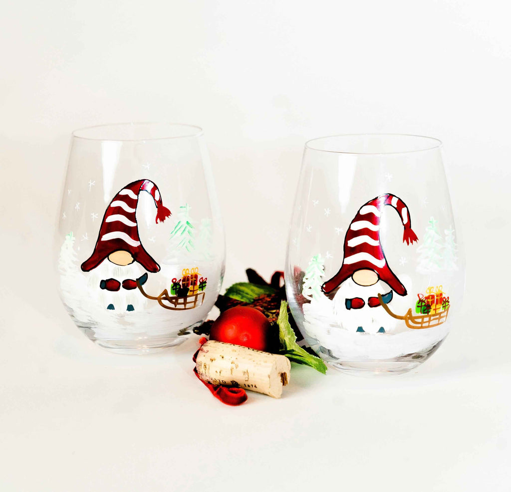 Hand-Painted Christmas Gnome Stemless Wine Glasses – Set of 2