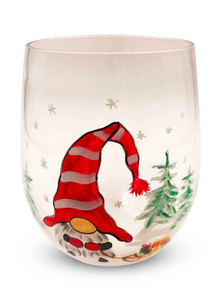 Hand-Painted Christmas Gnome Stemless Wine Glasses – Set of 2