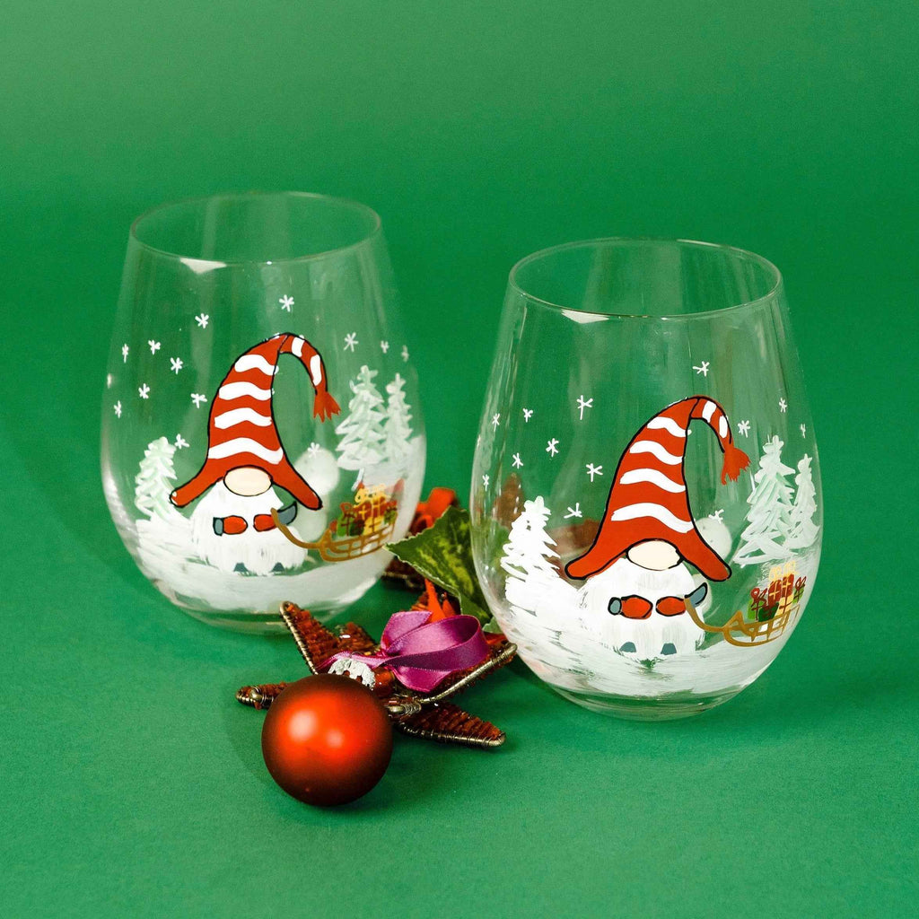 Hand-Painted Christmas Gnome Stemless Wine Glasses – Set of 2
