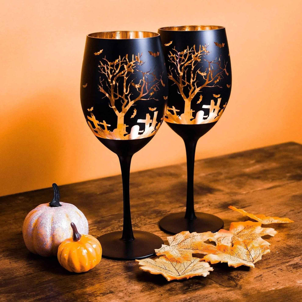 Matte Black Graveyard Halloween Wine Goblets – Set of 2