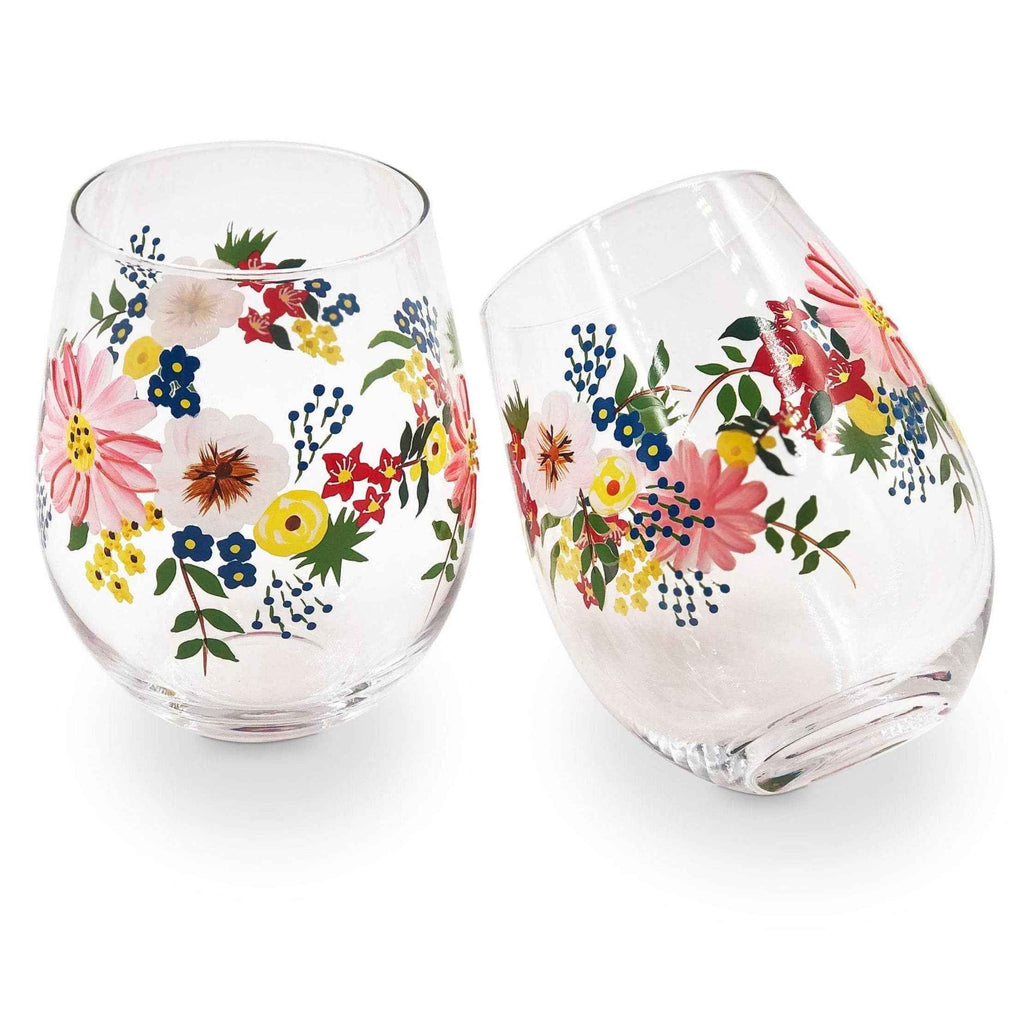 Hand-Painted Floral Stemless Wine Glasses – Set of 2