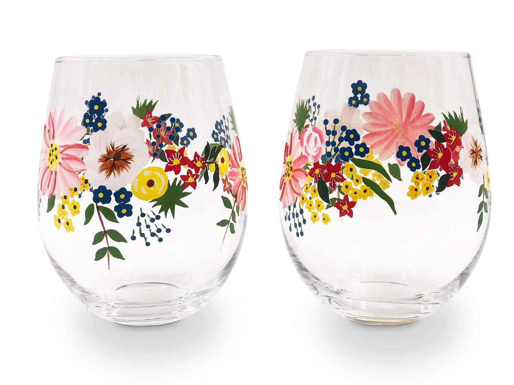 Hand-Painted Floral Stemless Wine Glasses – Set of 2