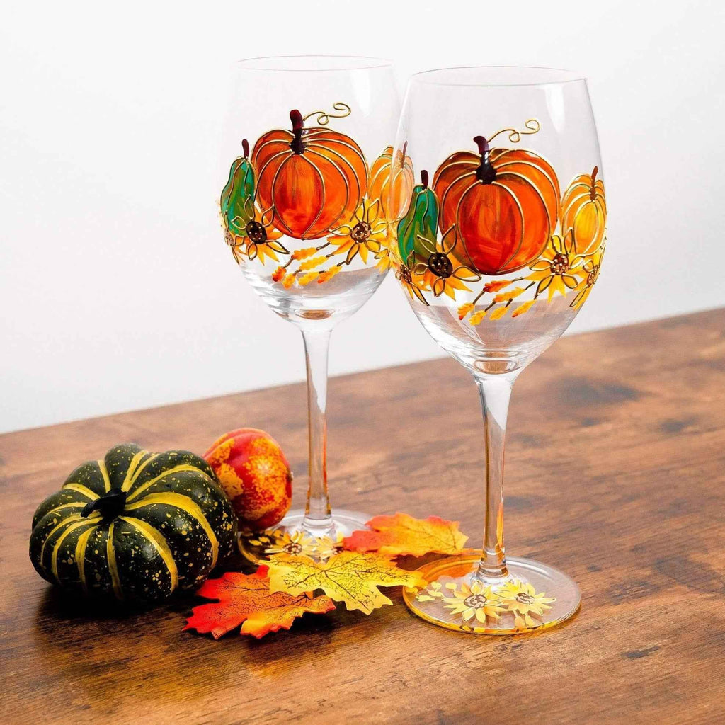 Hand-Painted Pumpkin Wine Glasses – Set of 2