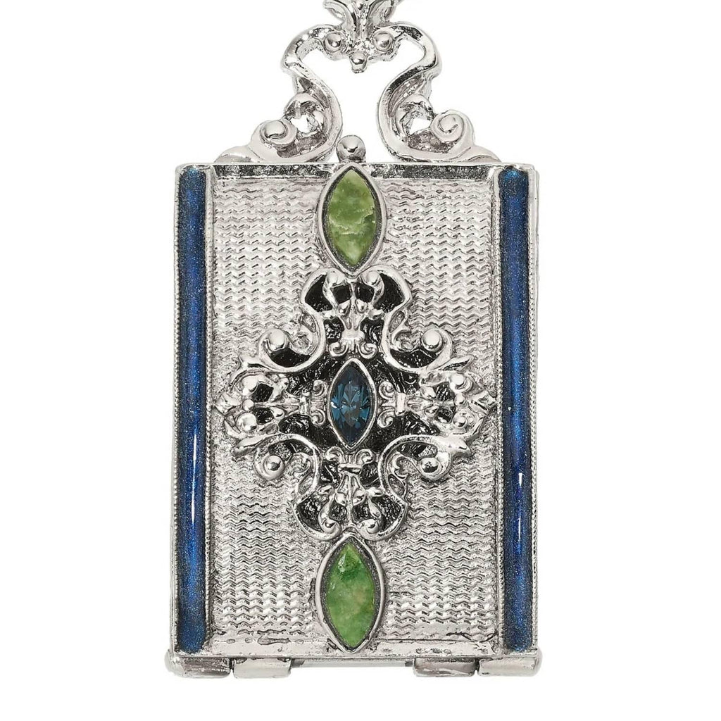 Silver Locket Necklace with Blue Enamel & Green Stones