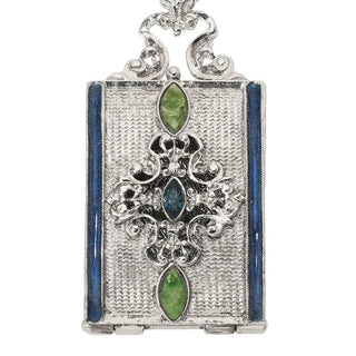 Silver Locket Necklace with Blue Enamel & Green Stones