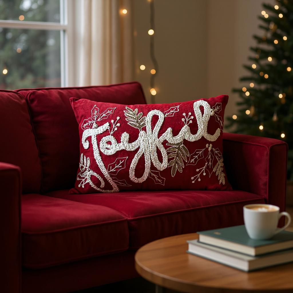 Joyful Gold and Red Embroidered Christmas Pillow – Holiday Collection