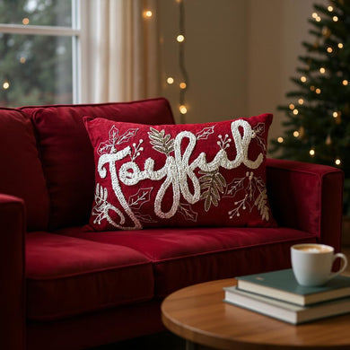 Joyful Gold and Red Embroidered Christmas Pillow – Holiday Collection