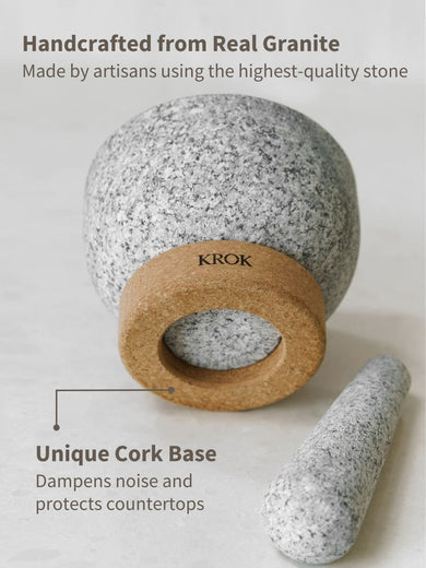 KROK Handmade Thai Granite Mortar & Pestle with Cork Base