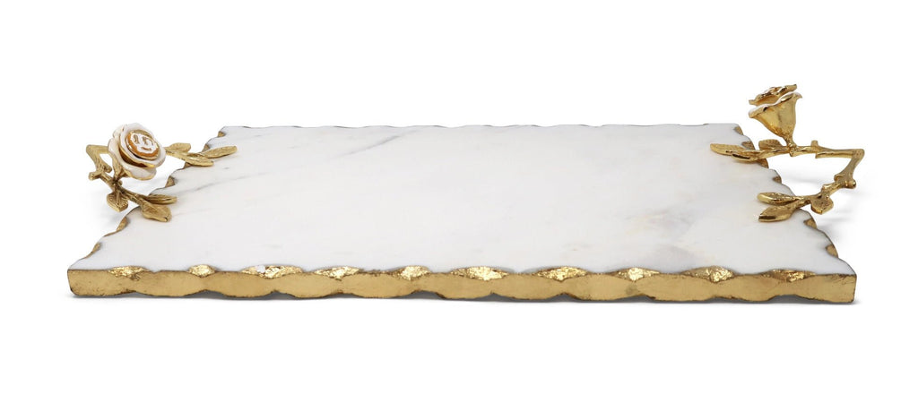 Large Marble Rectangular Tray with Intricately Detailed Gold Handles with White & Gold Rose Details - Anara Lifestyle