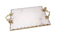 Large Marble Rectangular Tray with Intricately Detailed Gold Handles with White & Gold Rose Details - Anara Lifestyle