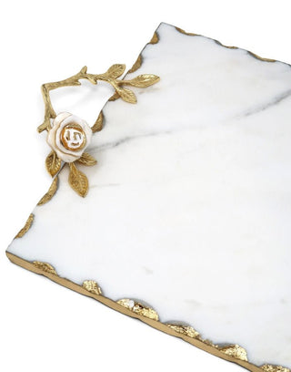 Large Marble Rectangular Tray with Intricately Detailed Gold Handles with White & Gold Rose Details - Anara Lifestyle