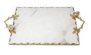 Large Marble Rectangular Tray with Intricately Detailed Gold Handles with White & Gold Rose Details - Anara Lifestyle