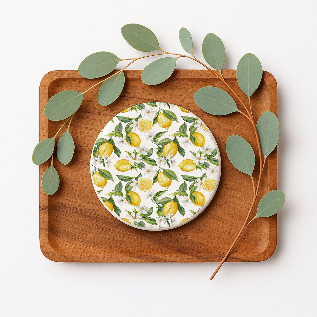 Mediterranean Lemon Ceramic Coasters – Blue Tile & Citrus Designs (4