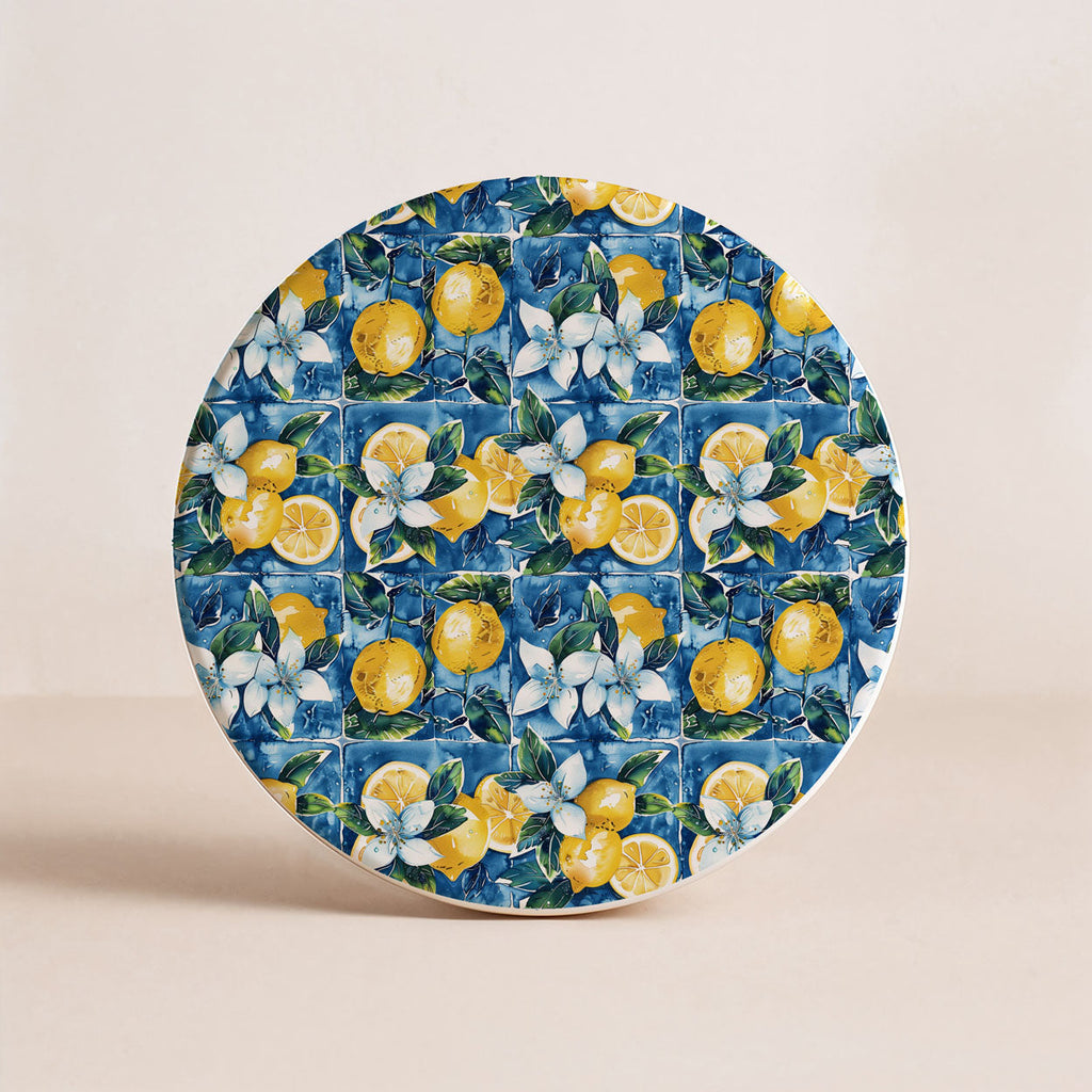 Mediterranean Lemon Ceramic Coasters – Blue Tile & Citrus Designs (4