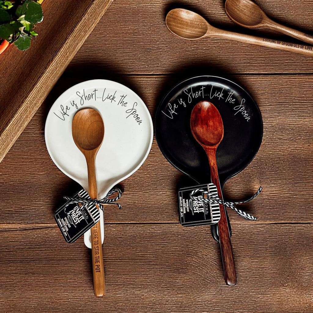 Lick the Spoon Cursive Spoon Rest with Wooden Spoon – Funny Porcelain Kitchen Gift