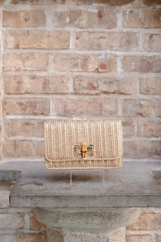 Lilly Gold Woven Straw Clutch with Bamboo Toggle