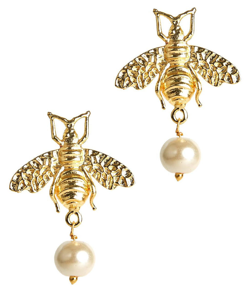 Bee Pearl Drop Stud - Gold