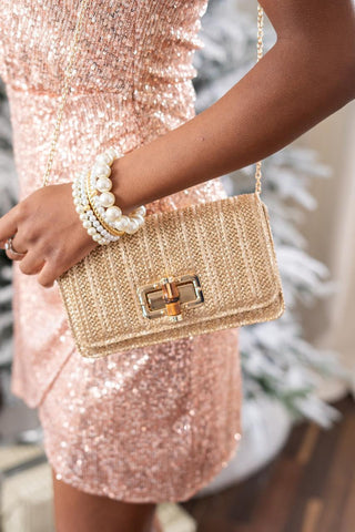 Lilly Gold Woven Straw Clutch with Bamboo Toggle