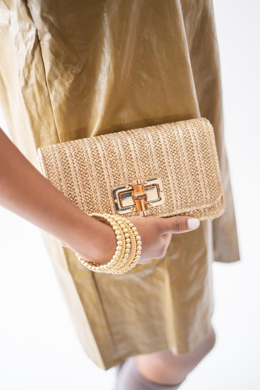 Lilly Gold Woven Straw Clutch with Bamboo Toggle