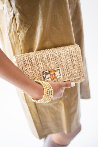 Lilly Gold Woven Straw Clutch with Bamboo Toggle