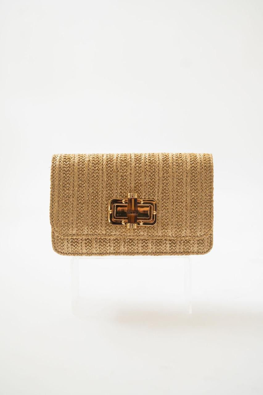 Lilly Gold Woven Straw Clutch with Bamboo Toggle
