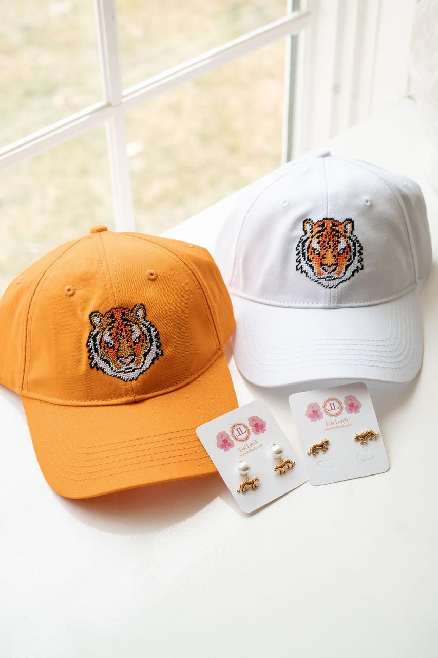 Needlepoint Baseball Hat - Tiger - White