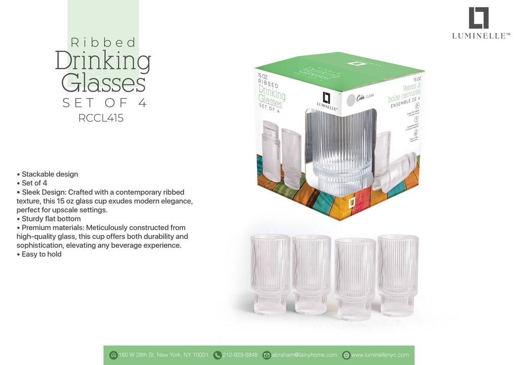Luminelle Ribbed Drinking Glasses15 oz, Set of 4 - Anara Lifestyle
