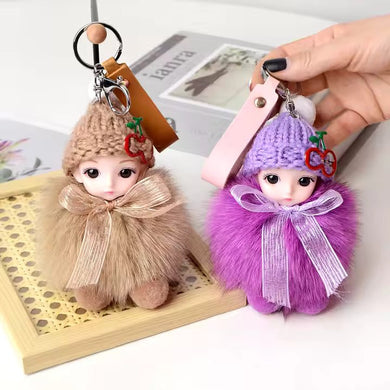 Luxury Custom Real Fox Fur Sleeping Doll Keychain – Cute Plush DIY Jewelry & Handbag Ornament - Anara Lifestyle